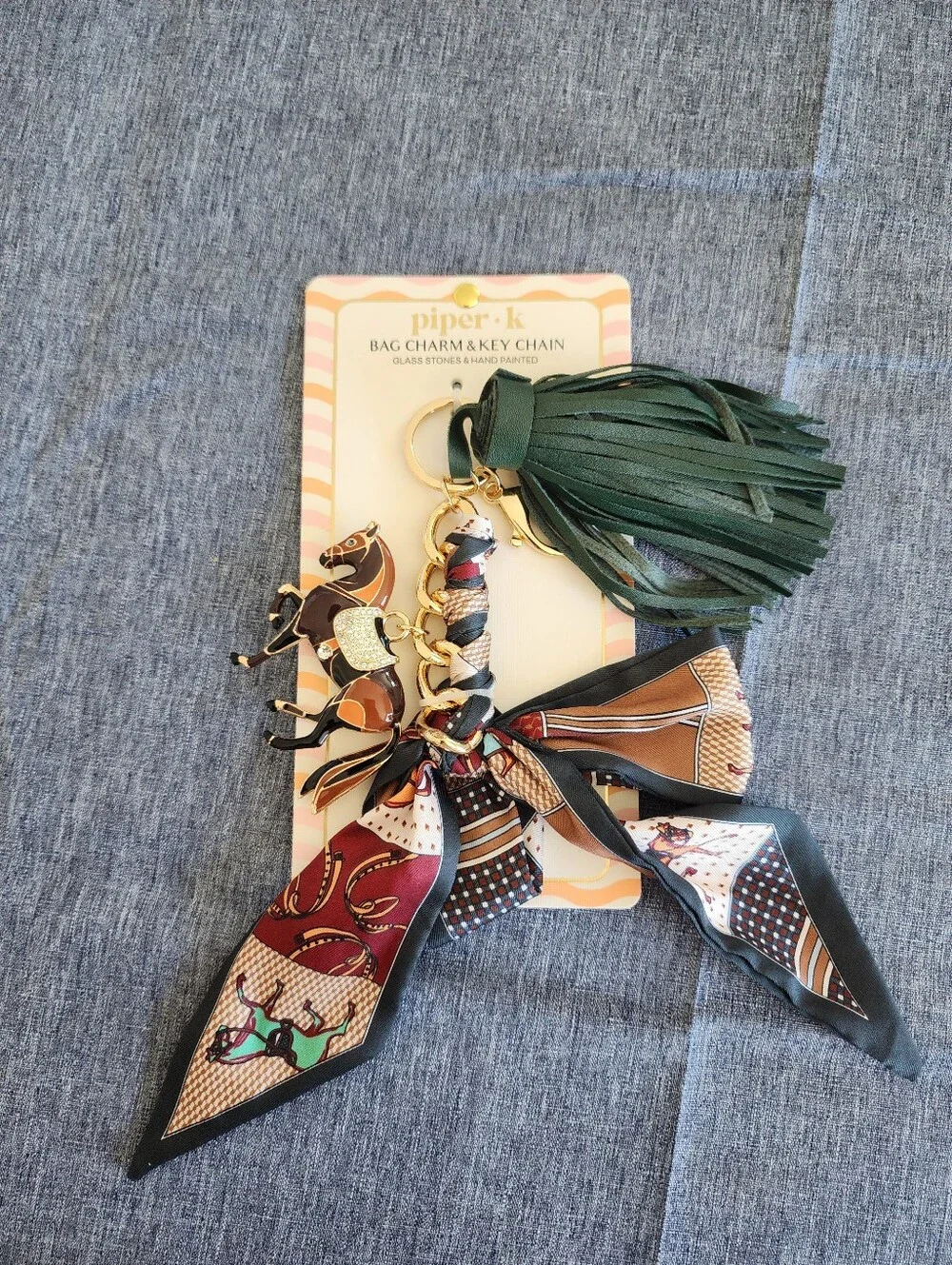 NWT Piper K Horse Green Tasel & Mini Scarf & Equestrian Enamel Bag Key Charm
